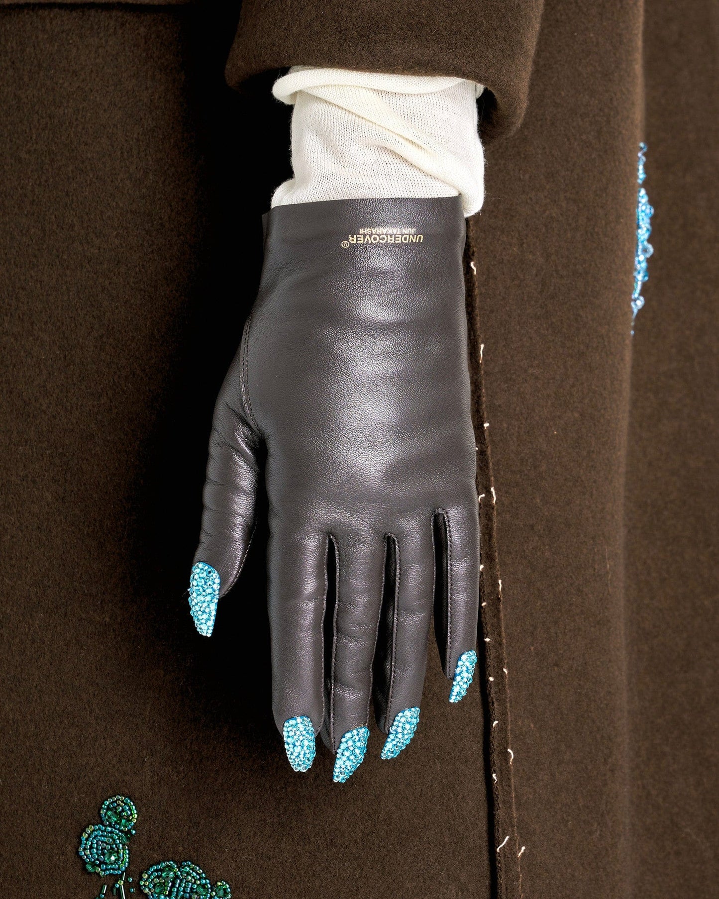 UNDERCOVER Leather Goods O/S Nail Detail Leather Gloves in Brown