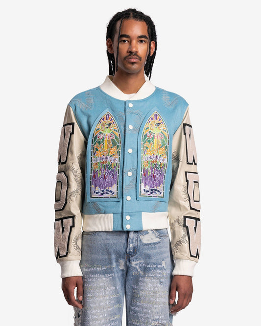 Who Decides War Men's Jeans Namesake Varsity Jacket in Sky