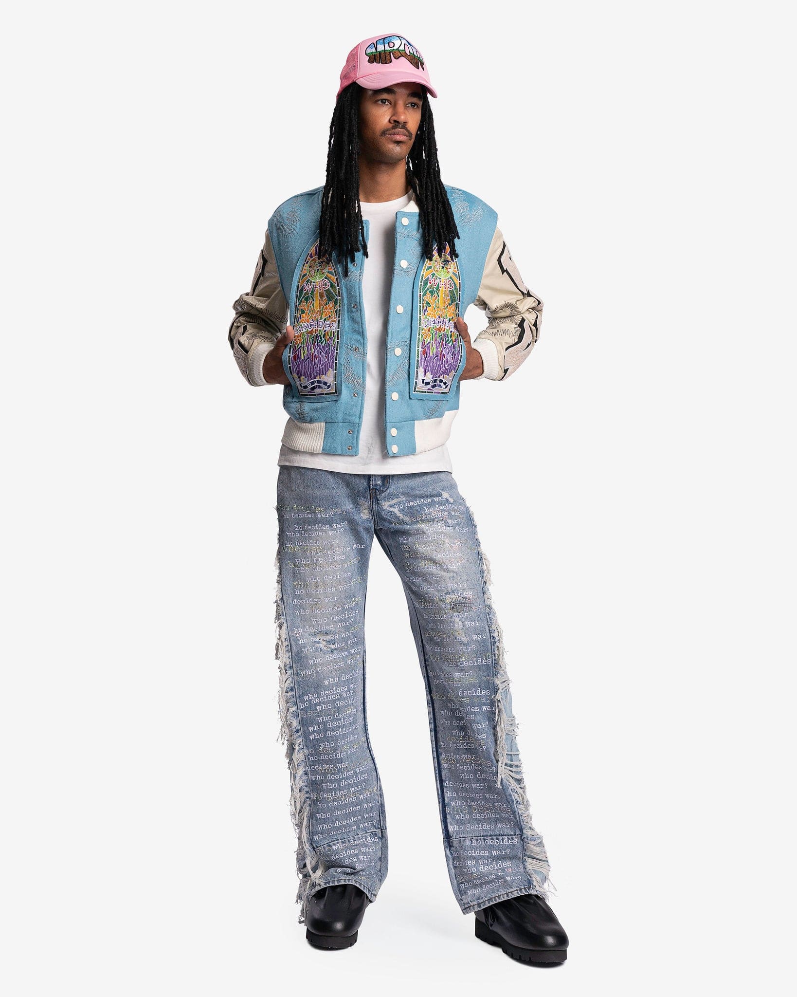Namesake Varsity Jacket in Sky – SVRN Namesake Varsity Jacket in Sky – SVRN