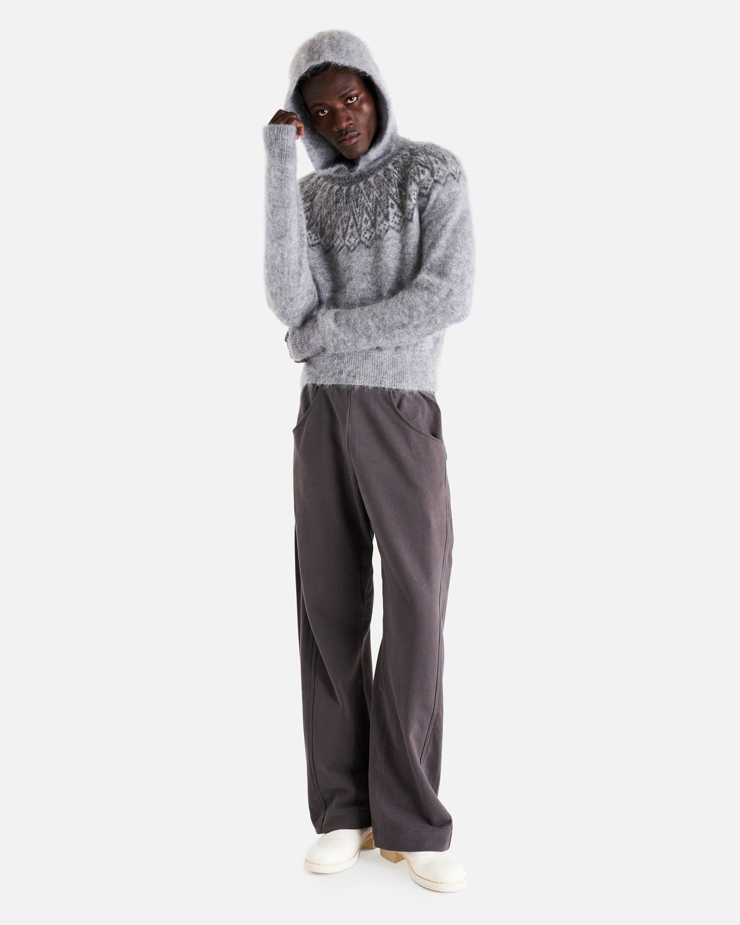 Omar Afridi Men's Sweater Nordic Hoodie Jumper in Light Grey Mohair