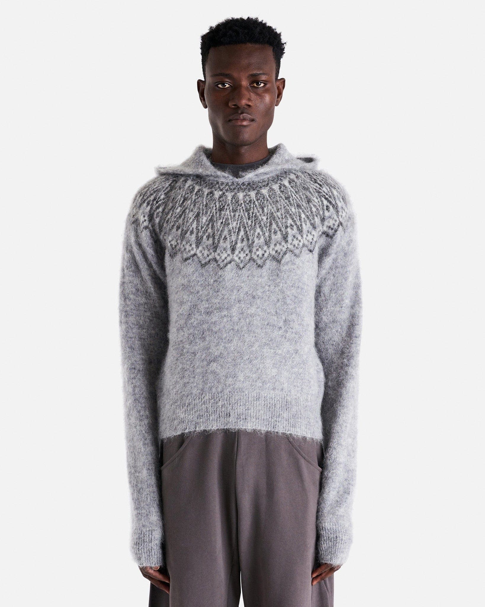 Omar Afridi Men's Sweater Nordic Hoodie Jumper in Light Grey Mohair