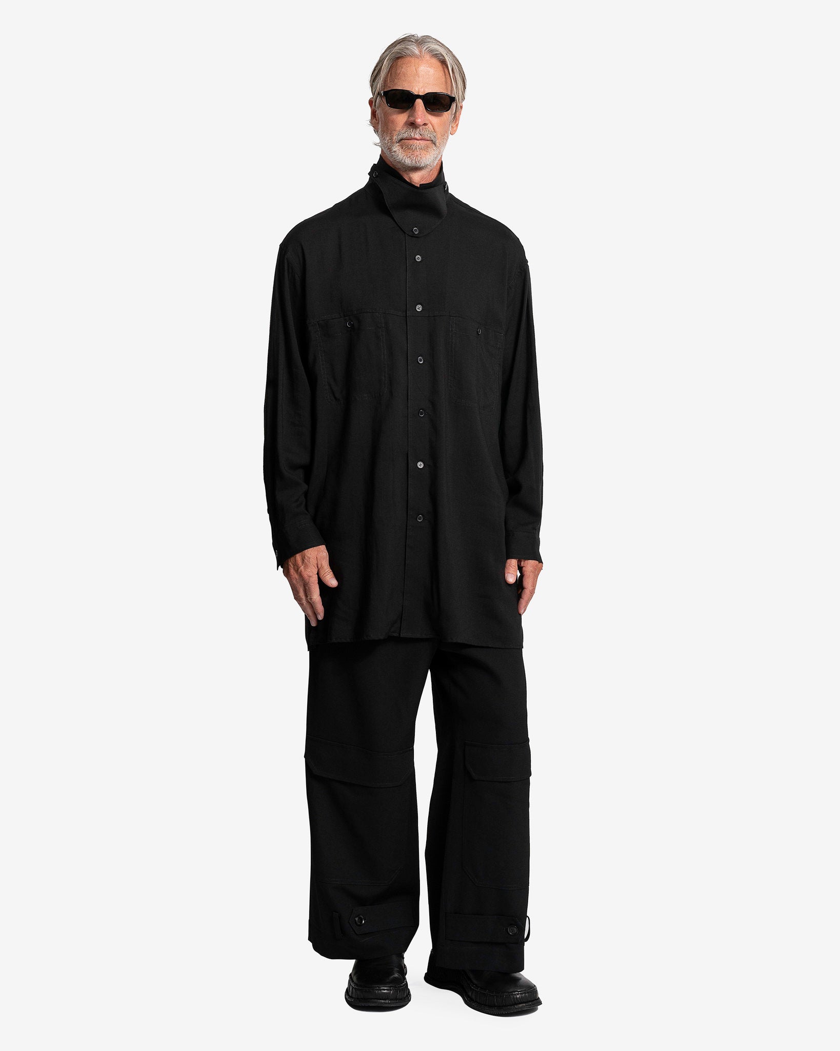 Yohji Yamamoto Pour Homme Men's Shirts Open Collar Shirt with Chin Flap