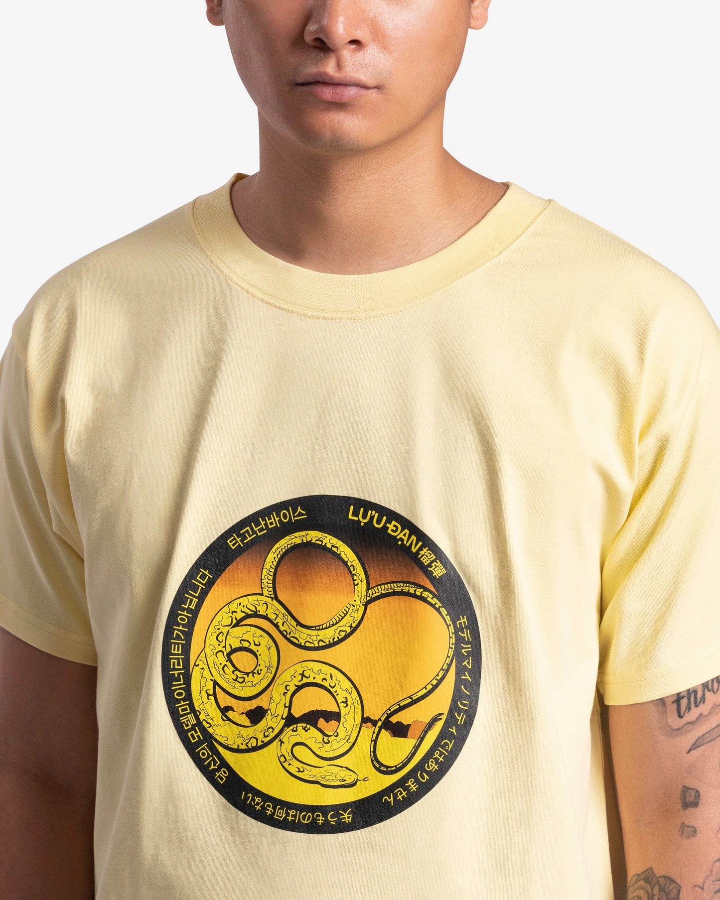 LU'U DAN Men's T-Shirts Oversized Concert Tee in Custard/Snake Print