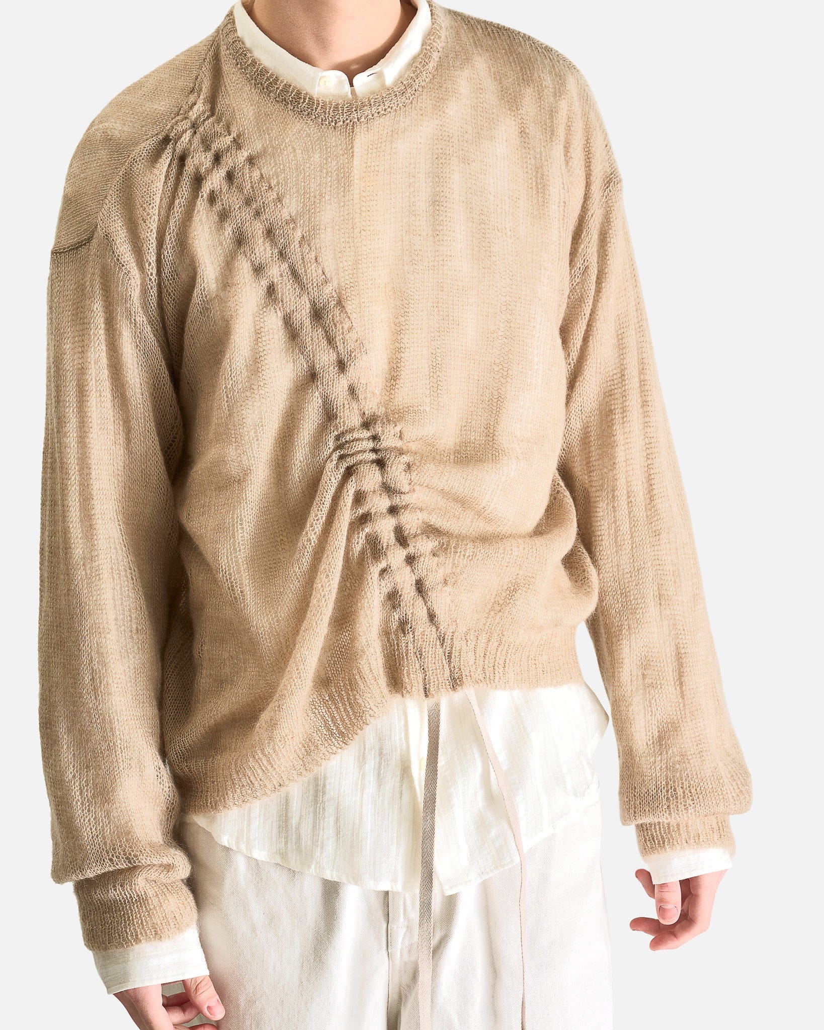 Ann Demeulemeester Men Sweaters Palamar Boat Neck Sweater with Drawstrings in Dusty Nude