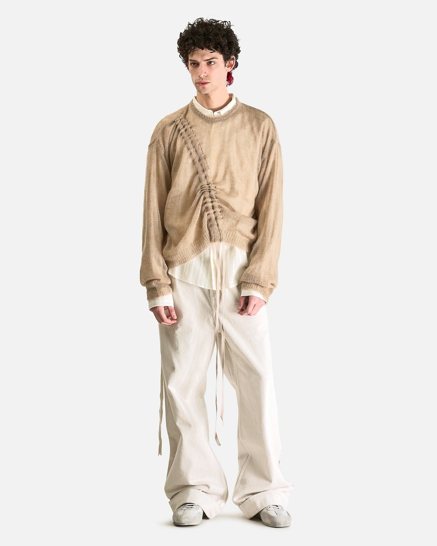 Ann Demeulemeester Men Sweaters Palamar Boat Neck Sweater with Drawstrings in Dusty Nude