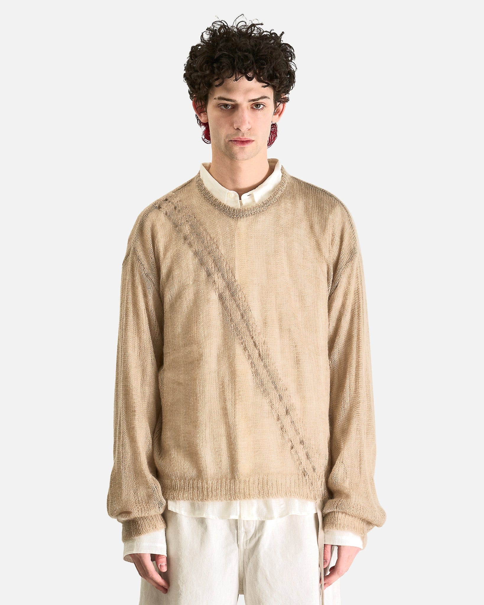 Ann Demeulemeester Men Sweaters Palamar Boat Neck Sweater with Drawstrings in Dusty Nude