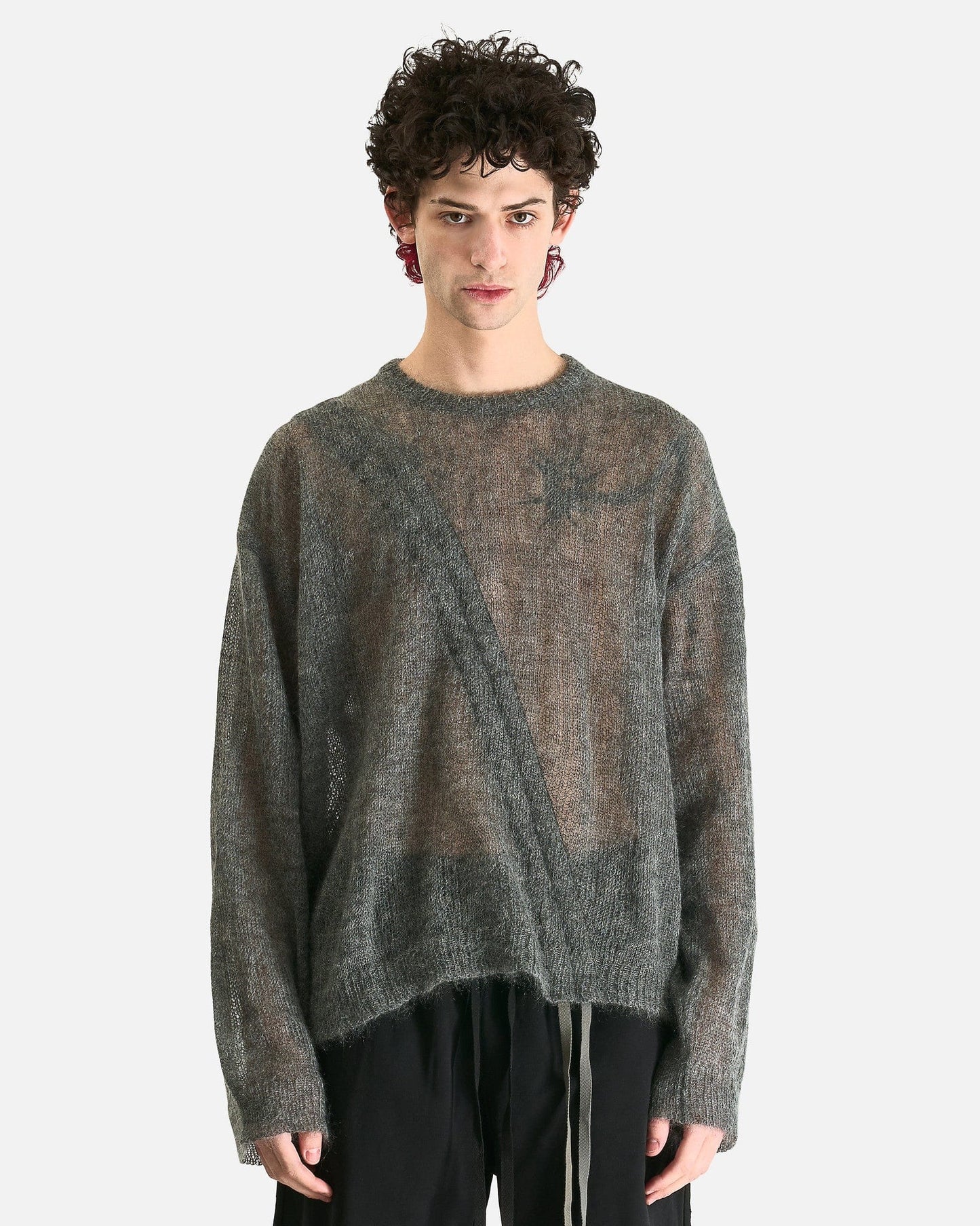 Ann Demeulemeester Men Sweaters Palamar Boat Neck Sweater with Drawstrings in Grey Melange