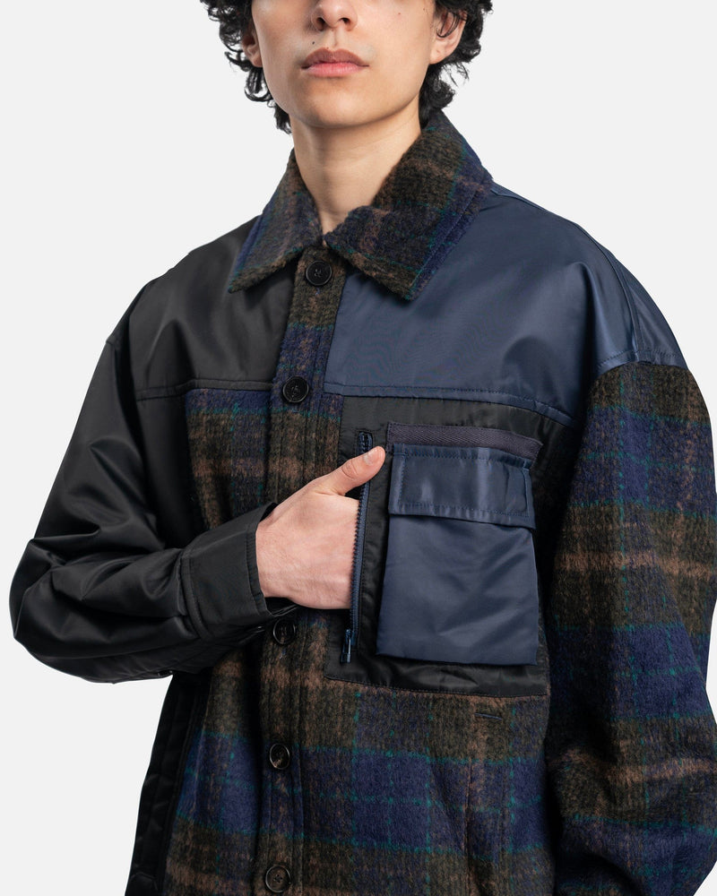 Feng Chen Wang Men's Coat Paneled Plaid Button Up Jacket in Blue
