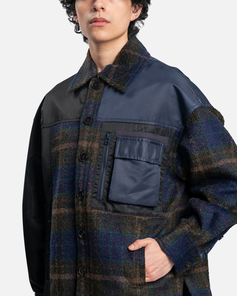 Feng Chen Wang Men's Coat Paneled Plaid Button Up Jacket in Blue