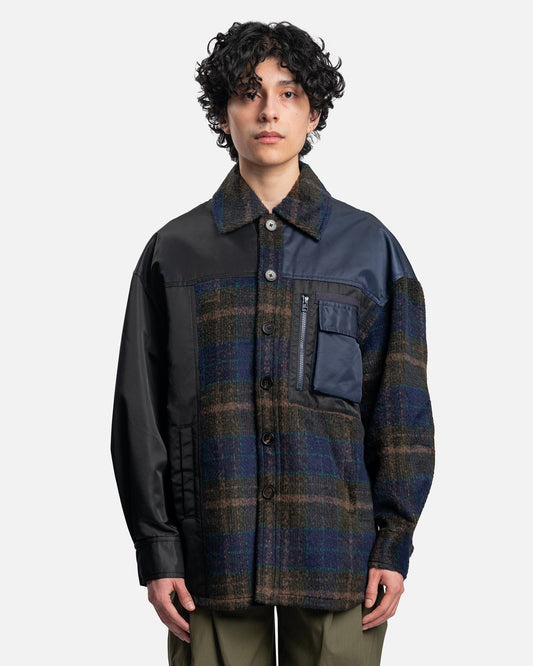 Feng Chen Wang Men's Coat Paneled Plaid Button Up Jacket in Blue