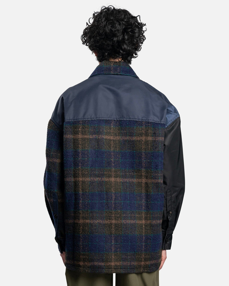 Feng Chen Wang Men's Coat Paneled Plaid Button Up Jacket in Blue