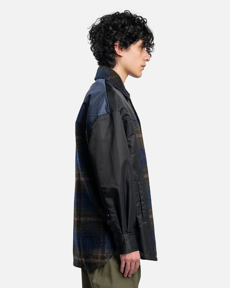 Feng Chen Wang Men's Coat Paneled Plaid Button Up Jacket in Blue