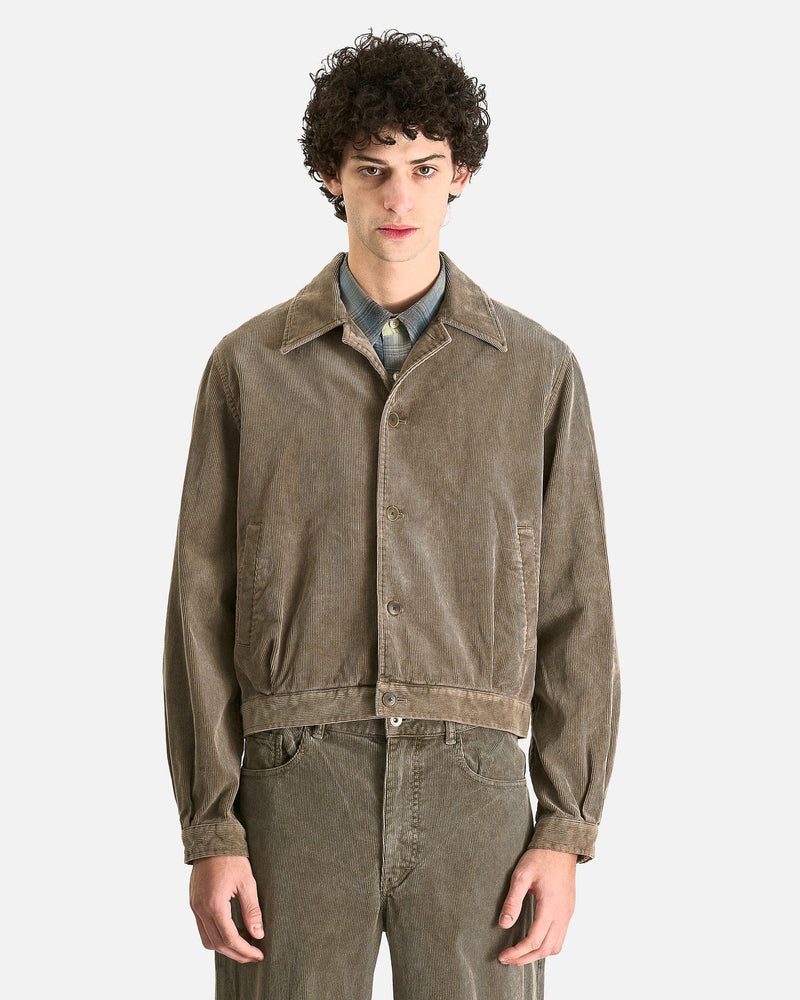 Auralee Men's Jackets Pigment Dyed Finx Corduroy Blouson in Olive Brown