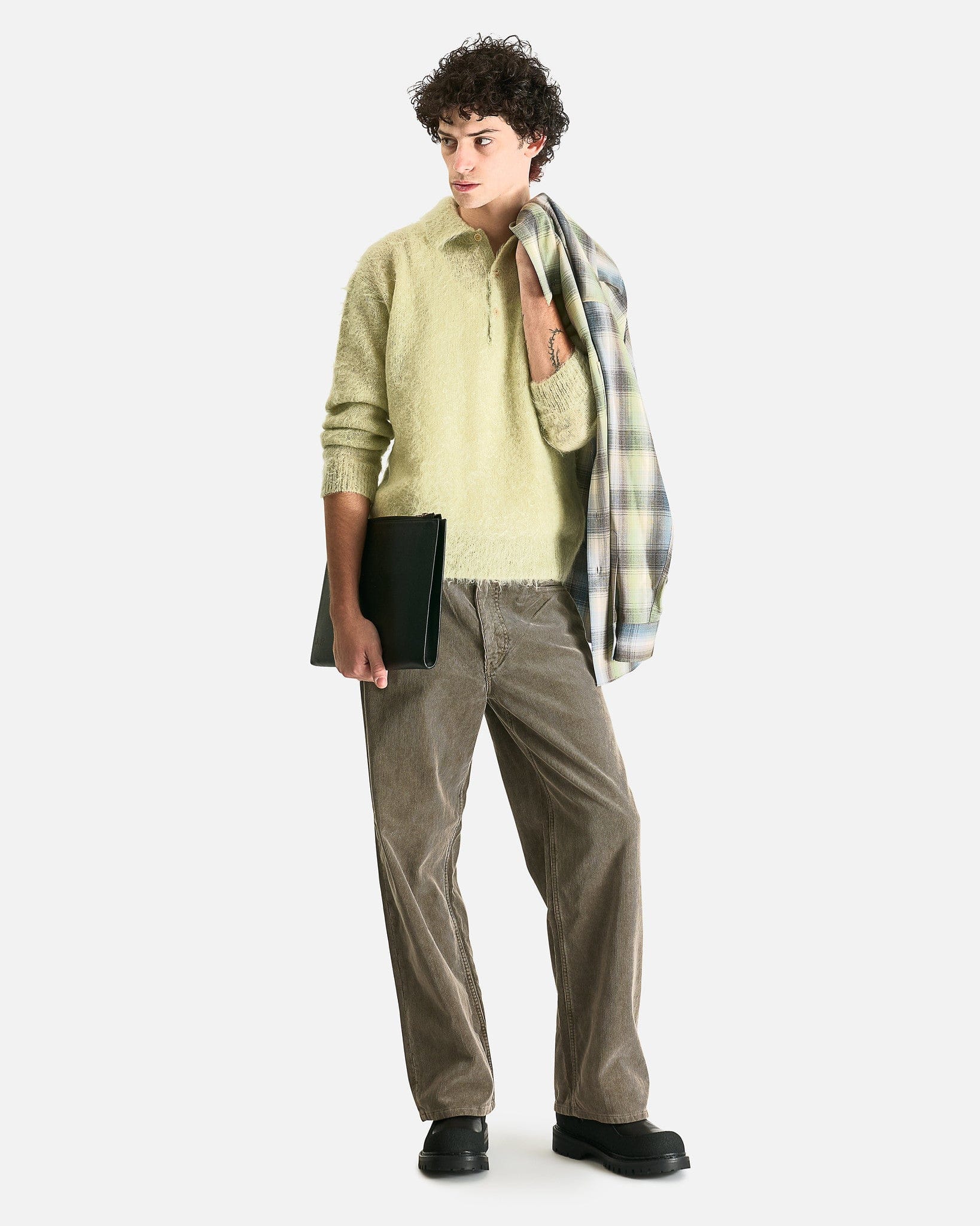 Auralee Men's Pants Pigment Dyed Finx Corduroy Wide 5P Pants in Olive Brown