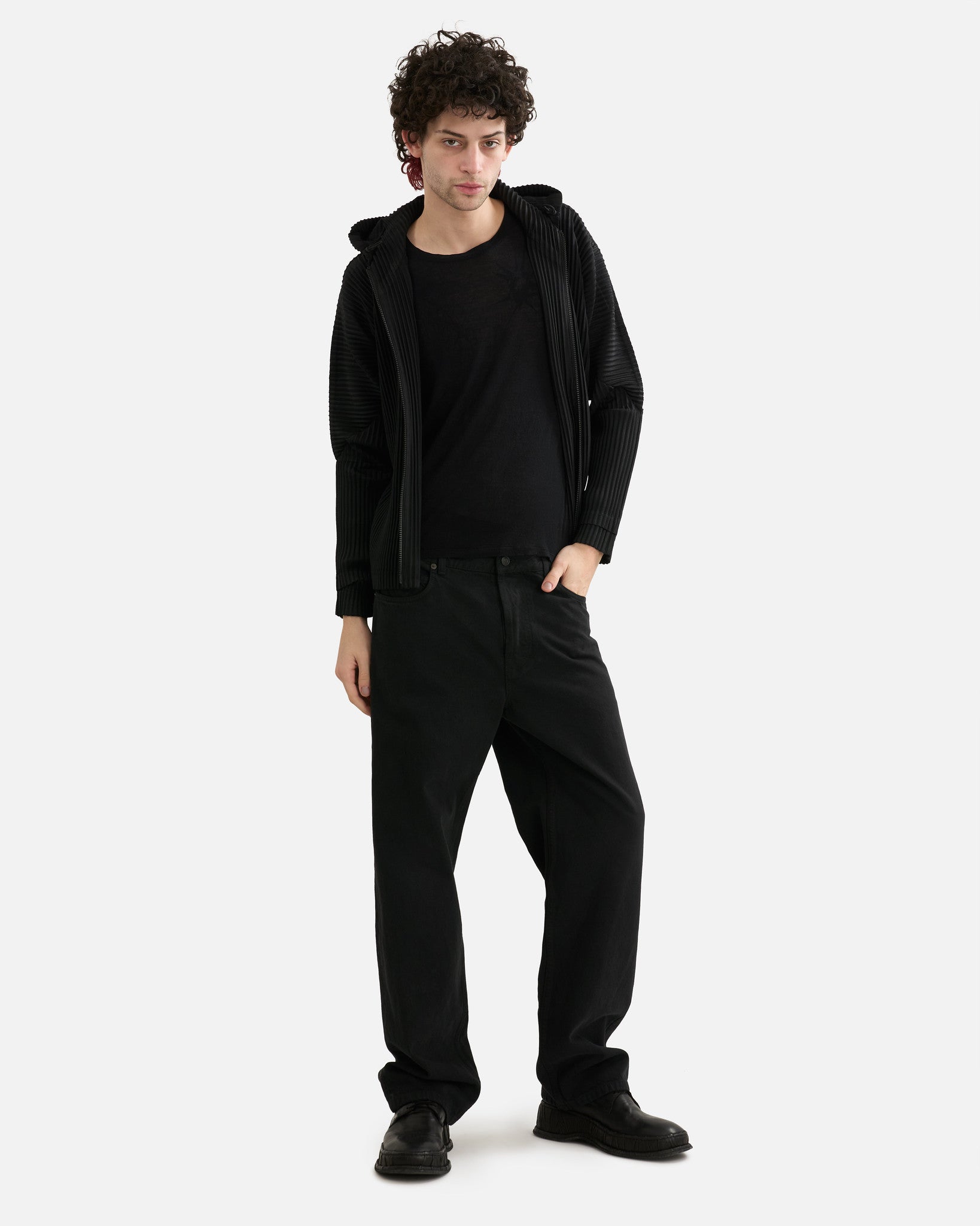 Homme Plissé Issey Miyake Men's Jackets Pleated Hooded Jacket in Black