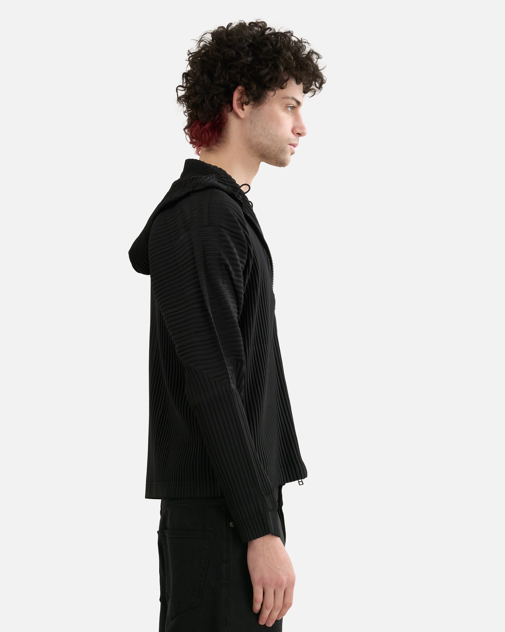 Homme Plissé Issey Miyake Men's Jackets Pleated Hooded Jacket in Black