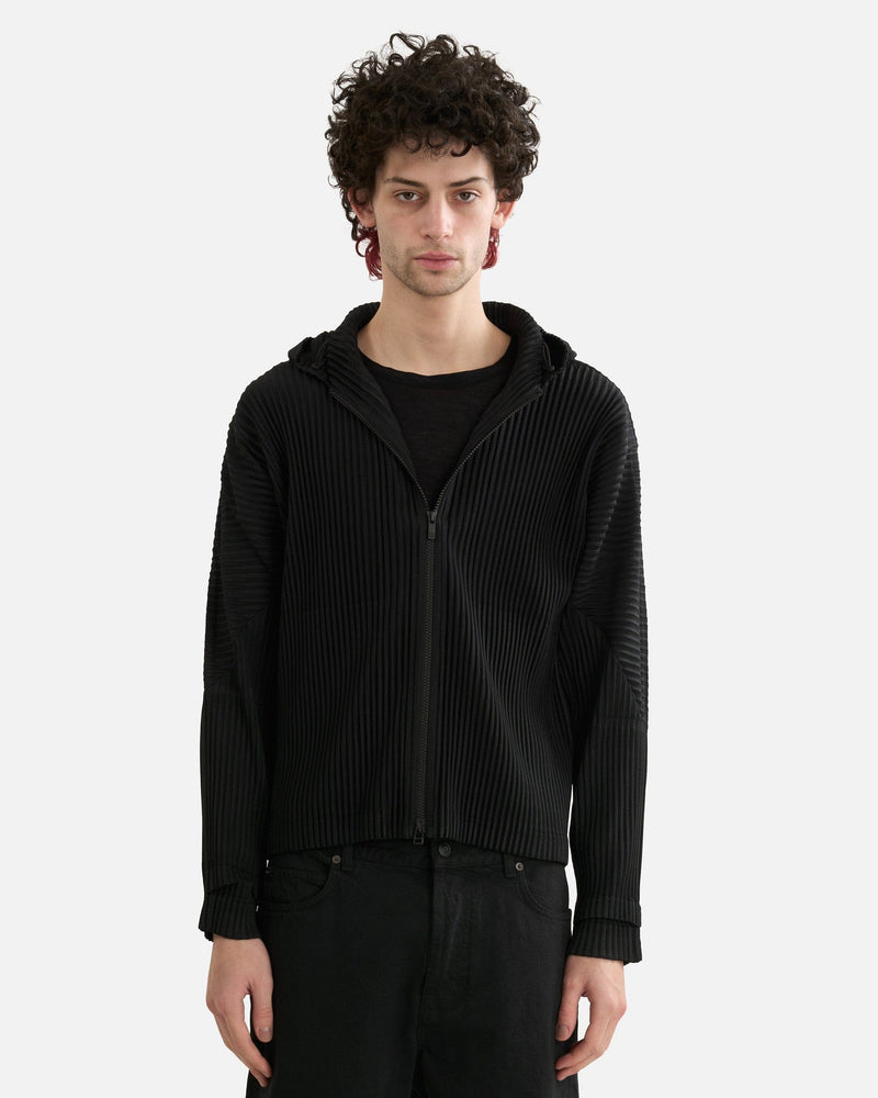 Homme Plissé Issey Miyake Men's Jackets Pleated Hooded Jacket in Black