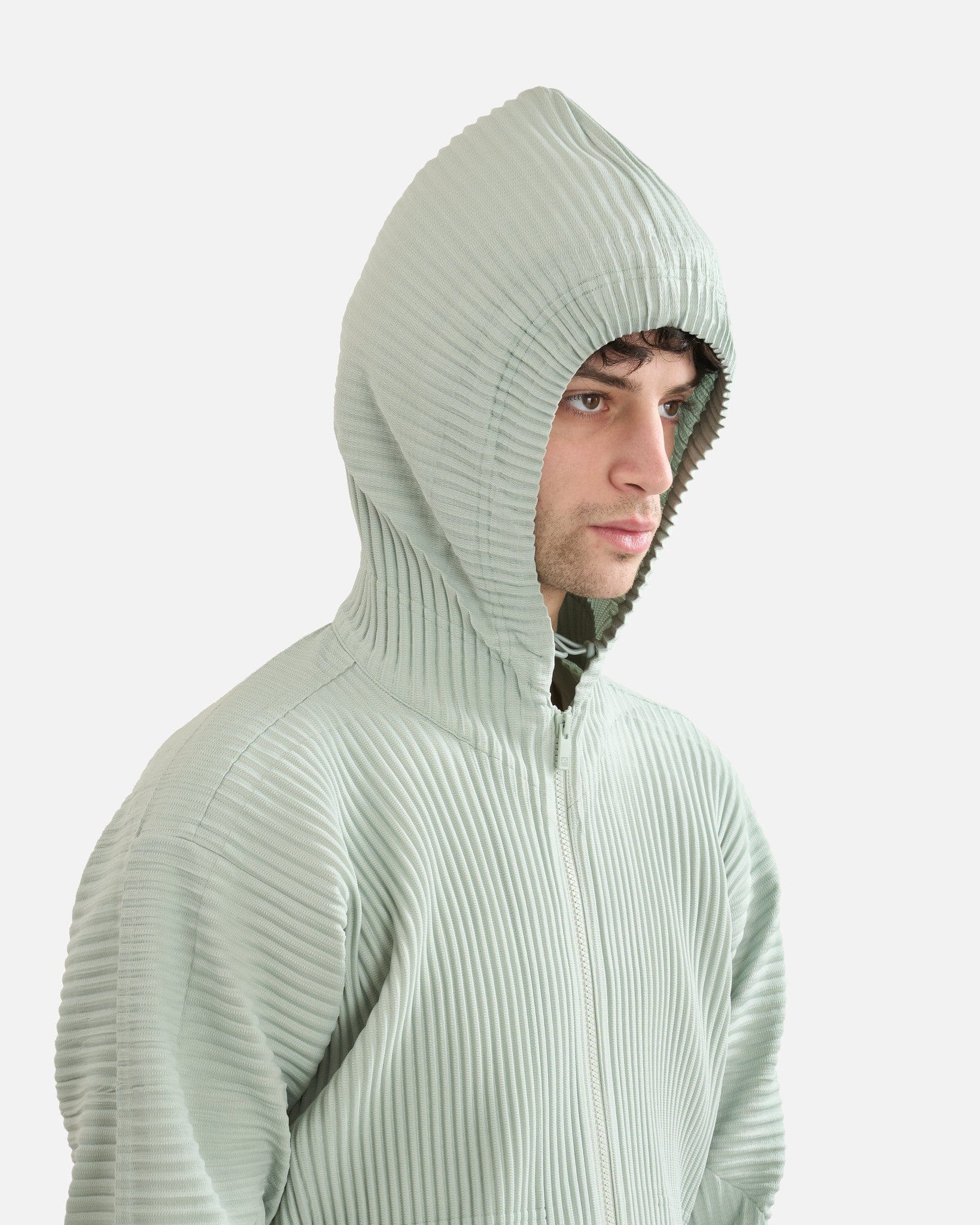 Homme Plissé Issey Miyake Men's Jackets Pleated Hooded Jacket in Sericite Blue