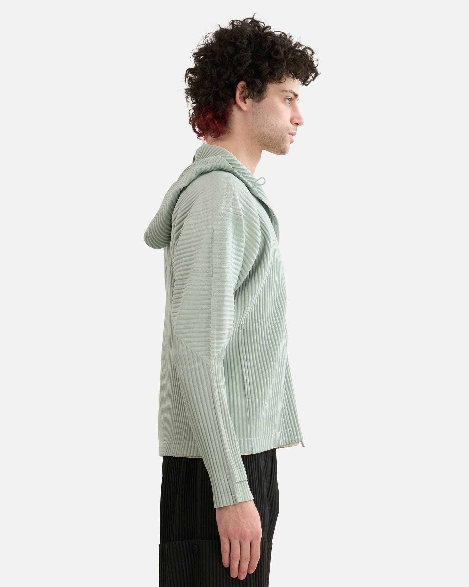 Homme Plissé Issey Miyake Men's Jackets Pleated Hooded Jacket in Sericite Blue