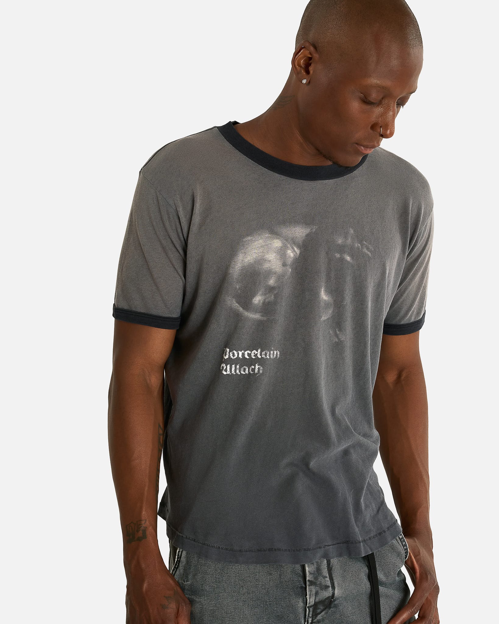 Enfants Riches Deprimes Men's T-shirts Porcelain Dog Patch Ringer T-Shirt in Faded Charcoal/Black