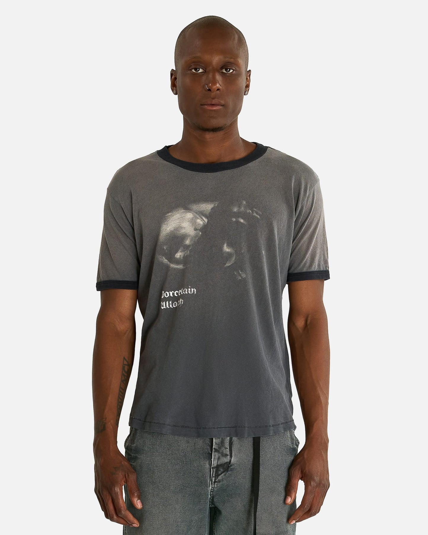 Enfants Riches Deprimes Men's T-shirts Porcelain Dog Patch Ringer T-Shirt in Faded Charcoal/Black