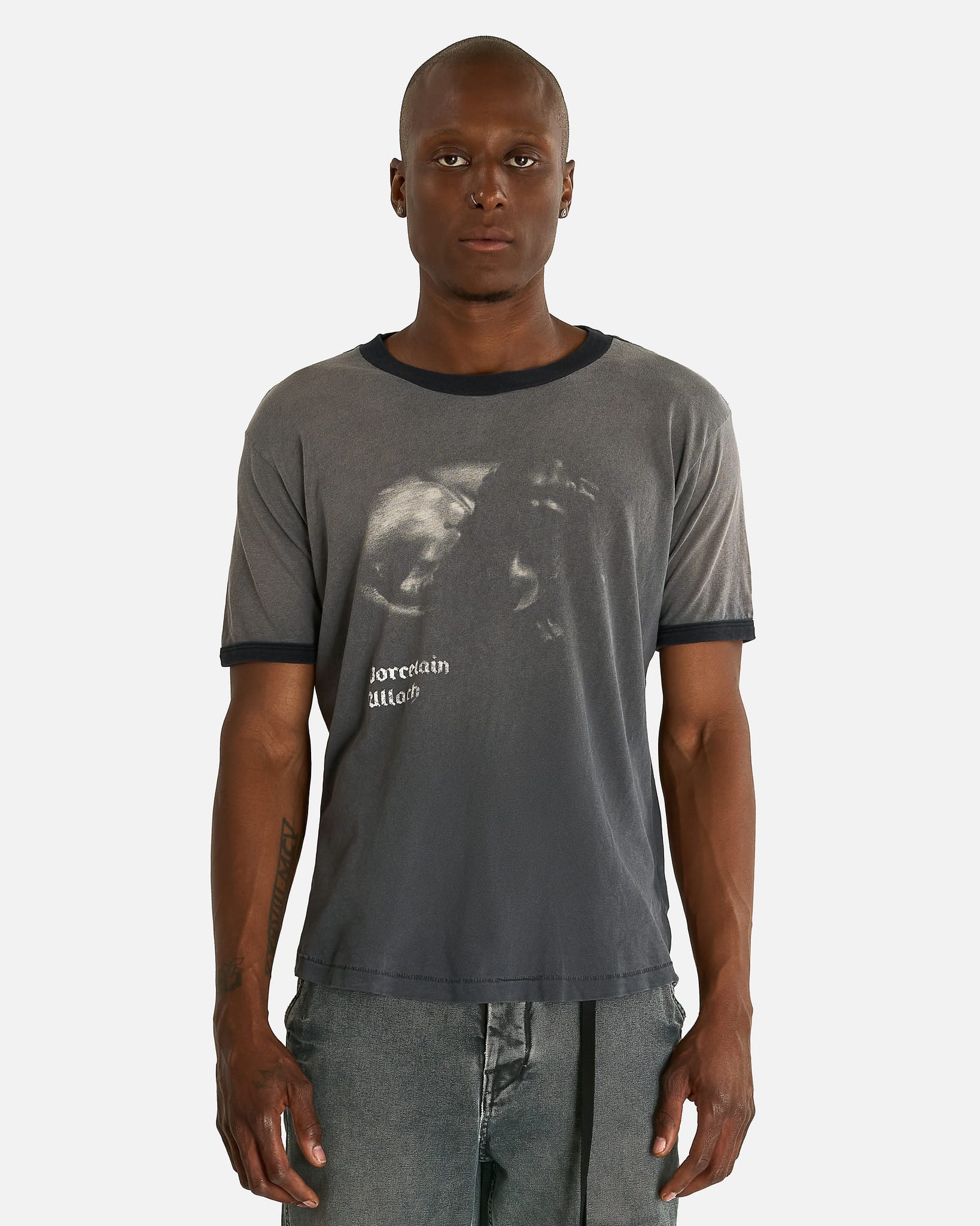 Enfants Riches Deprimes Men's T-shirts Porcelain Dog Patch Ringer T-Shirt in Faded Charcoal/Black