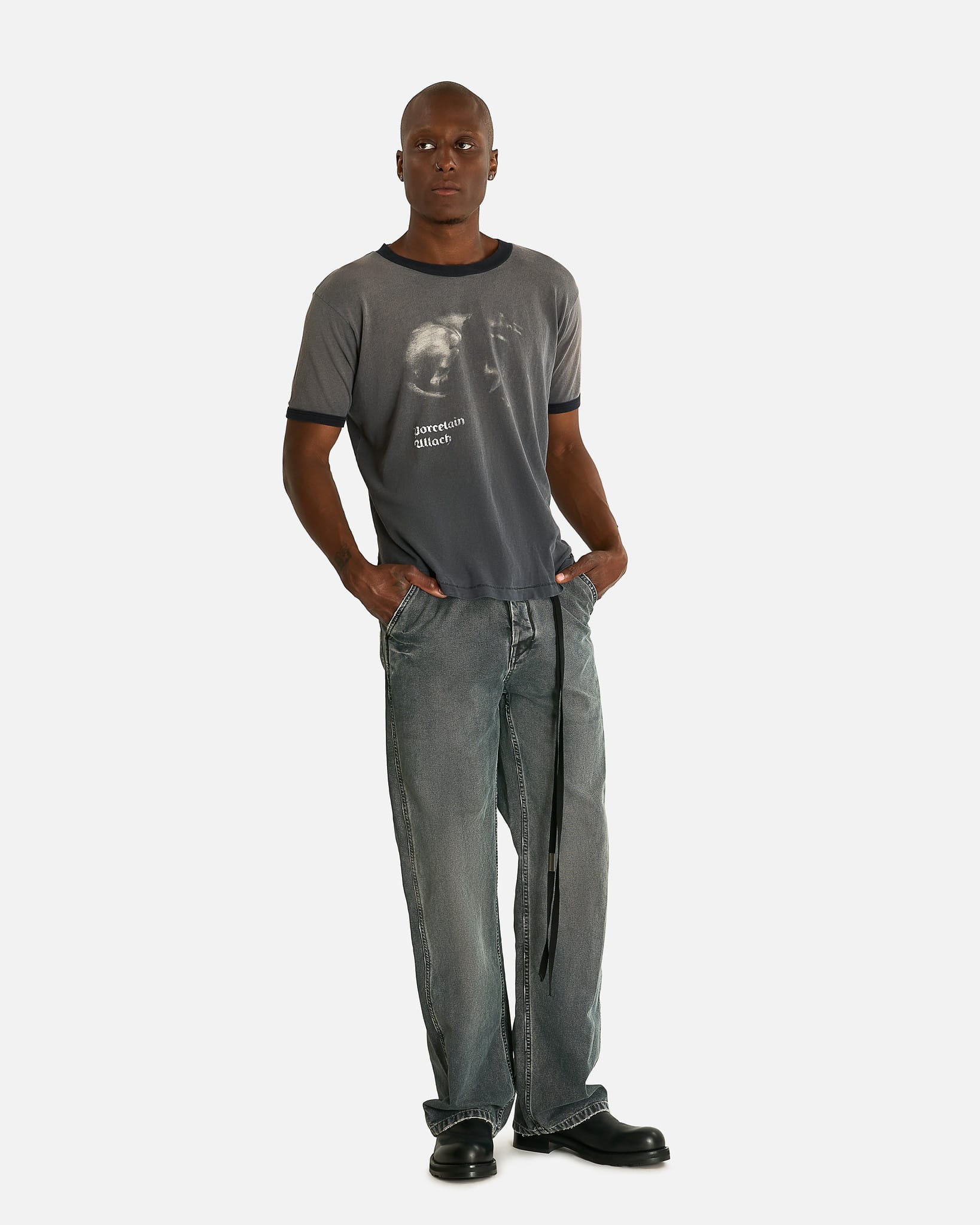 Enfants Riches Deprimes Men's T-shirts Porcelain Dog Patch Ringer T-Shirt in Faded Charcoal/Black