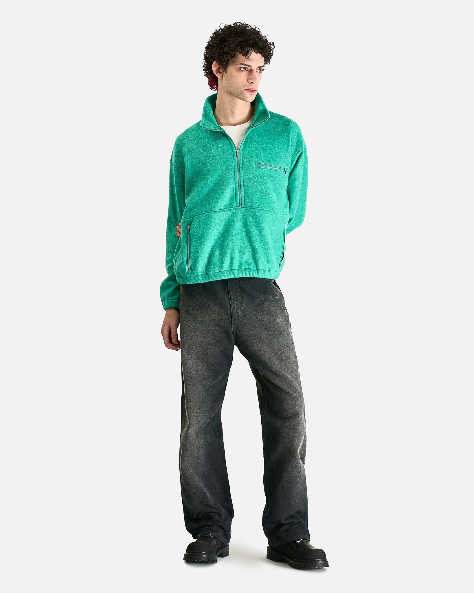 Auralee Men's Sweater Pure Silk Comfort Fleece Half Zip Pullover in Jade Green