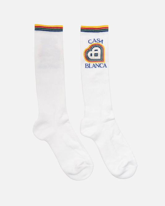 Casablanca Men's Socks Rainbow Heart Mid Calf Ribbed Sport Sock in White