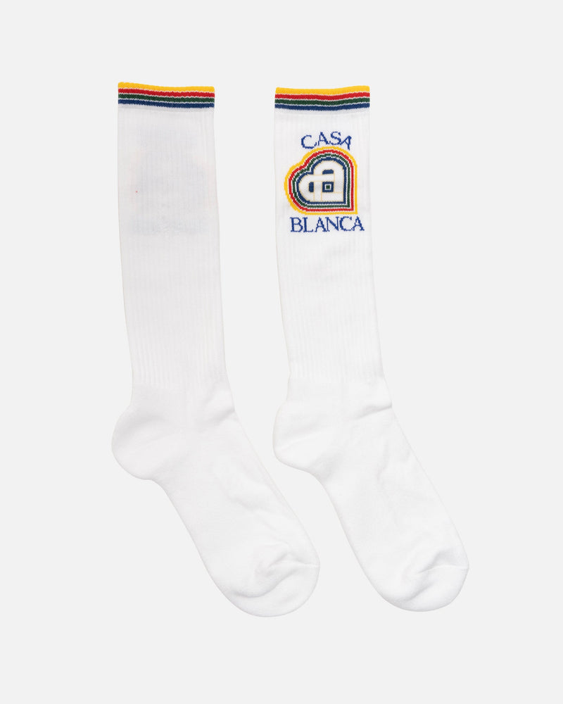 Casablanca Men's Socks Rainbow Heart Mid Calf Ribbed Sport Sock in White