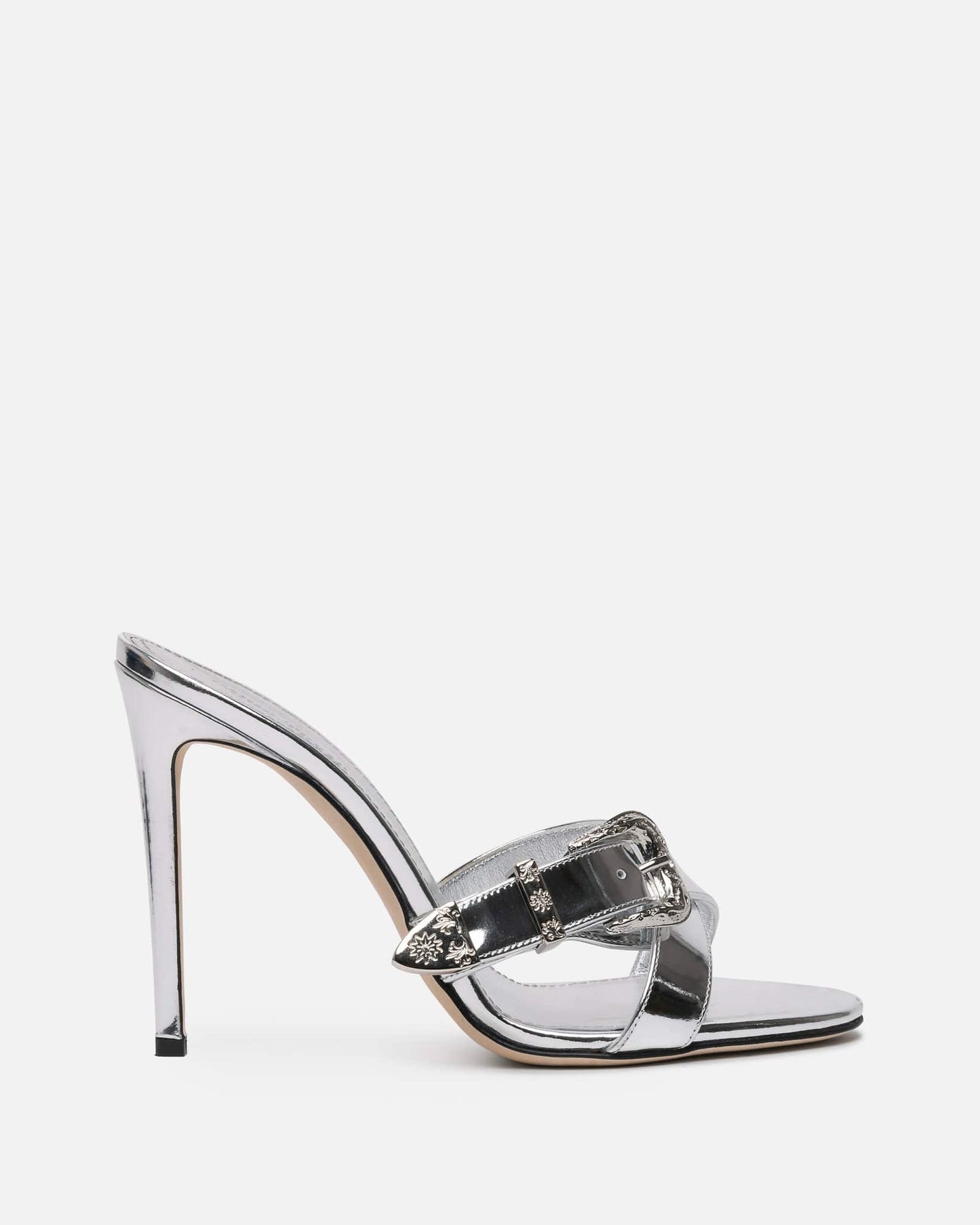 Paris Texas Women Heels Regina Mirror Leather Western Mule in SIlver