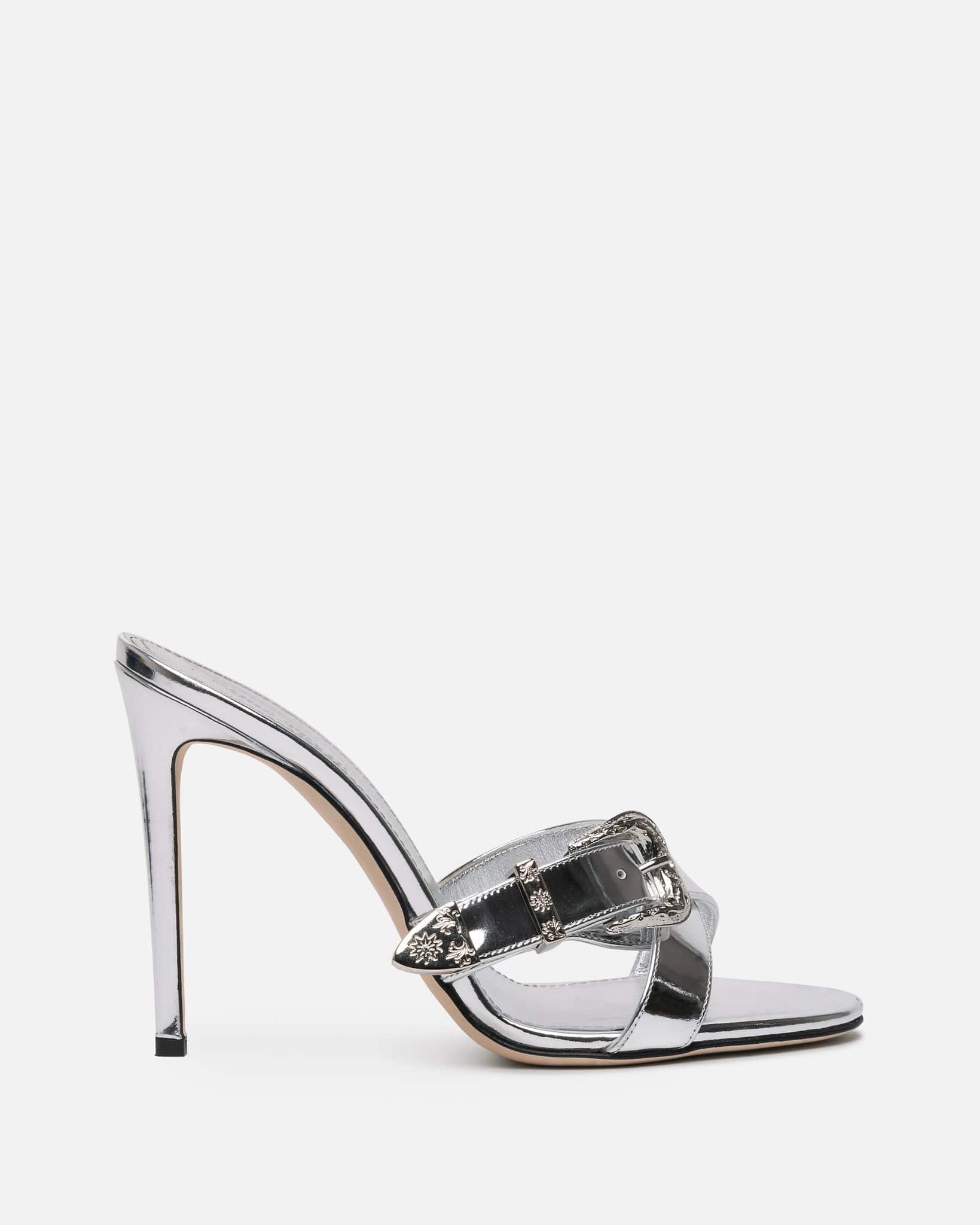Paris Texas Women Heels Regina Mirror Leather Western Mule in SIlver