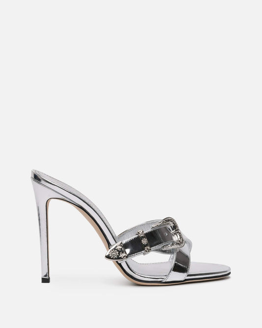 Paris Texas Women Heels Regina Mirror Leather Western Mule in SIlver