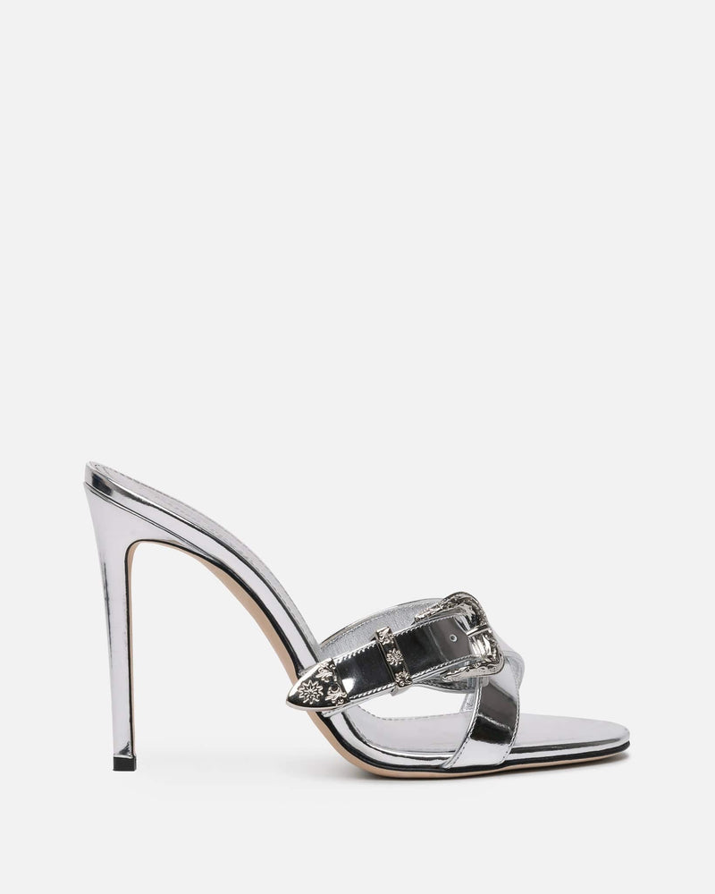 Paris Texas Women Heels Regina Mirror Leather Western Mule in SIlver
