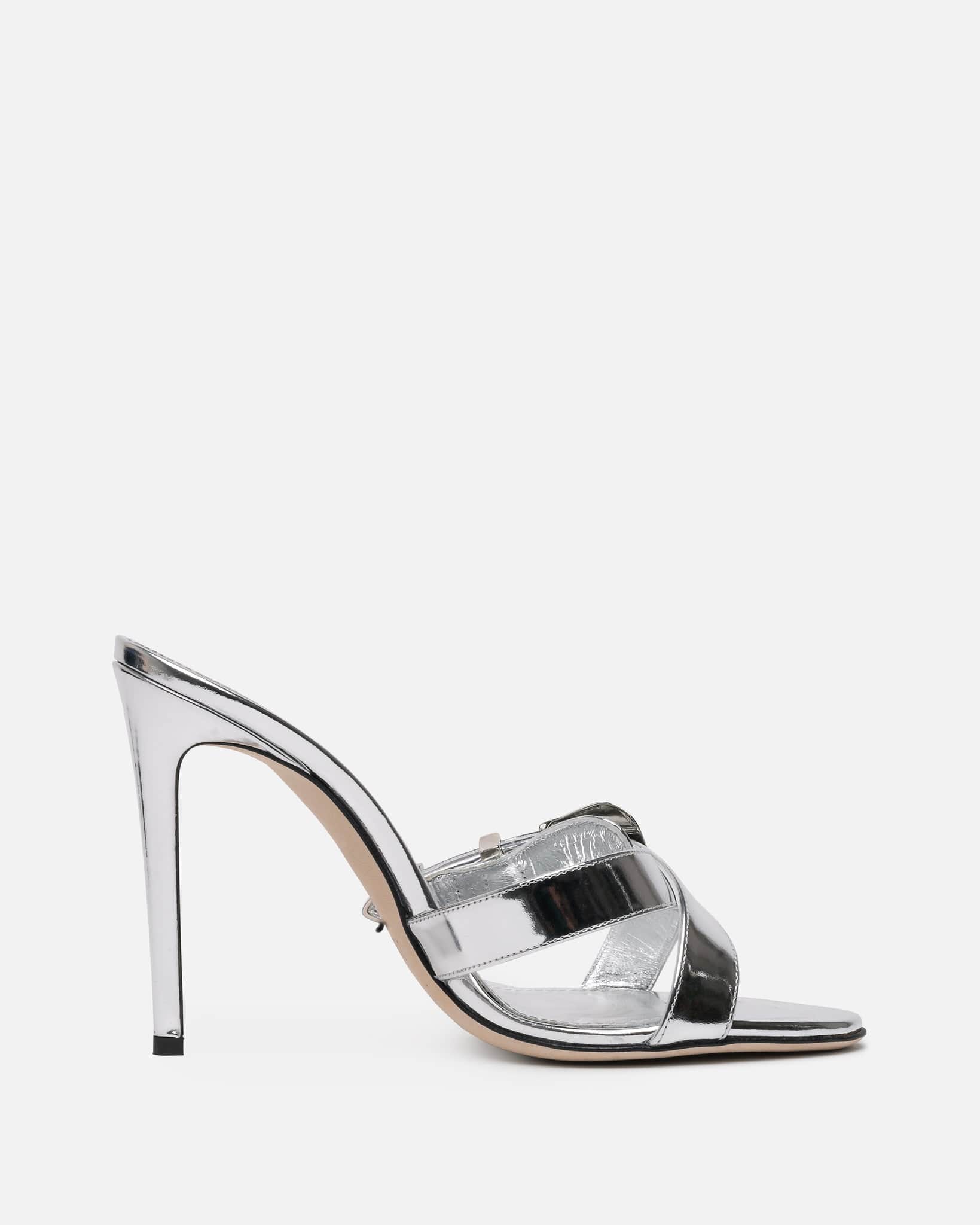 Paris Texas Women Heels Regina Mirror Leather Western Mule in SIlver