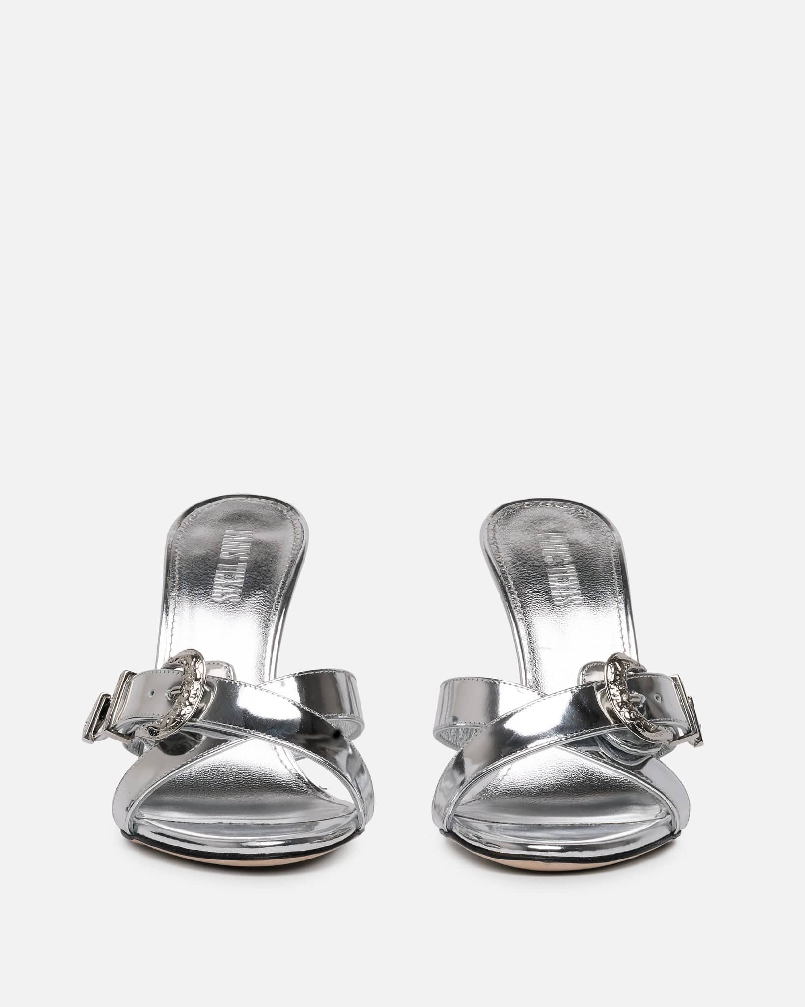 Paris Texas Women Heels Regina Mirror Leather Western Mule in SIlver