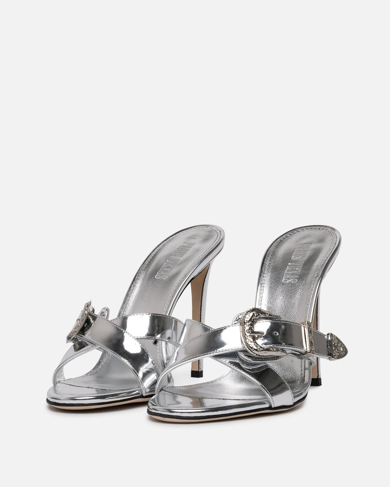 Paris Texas Women Heels Regina Mirror Leather Western Mule in SIlver