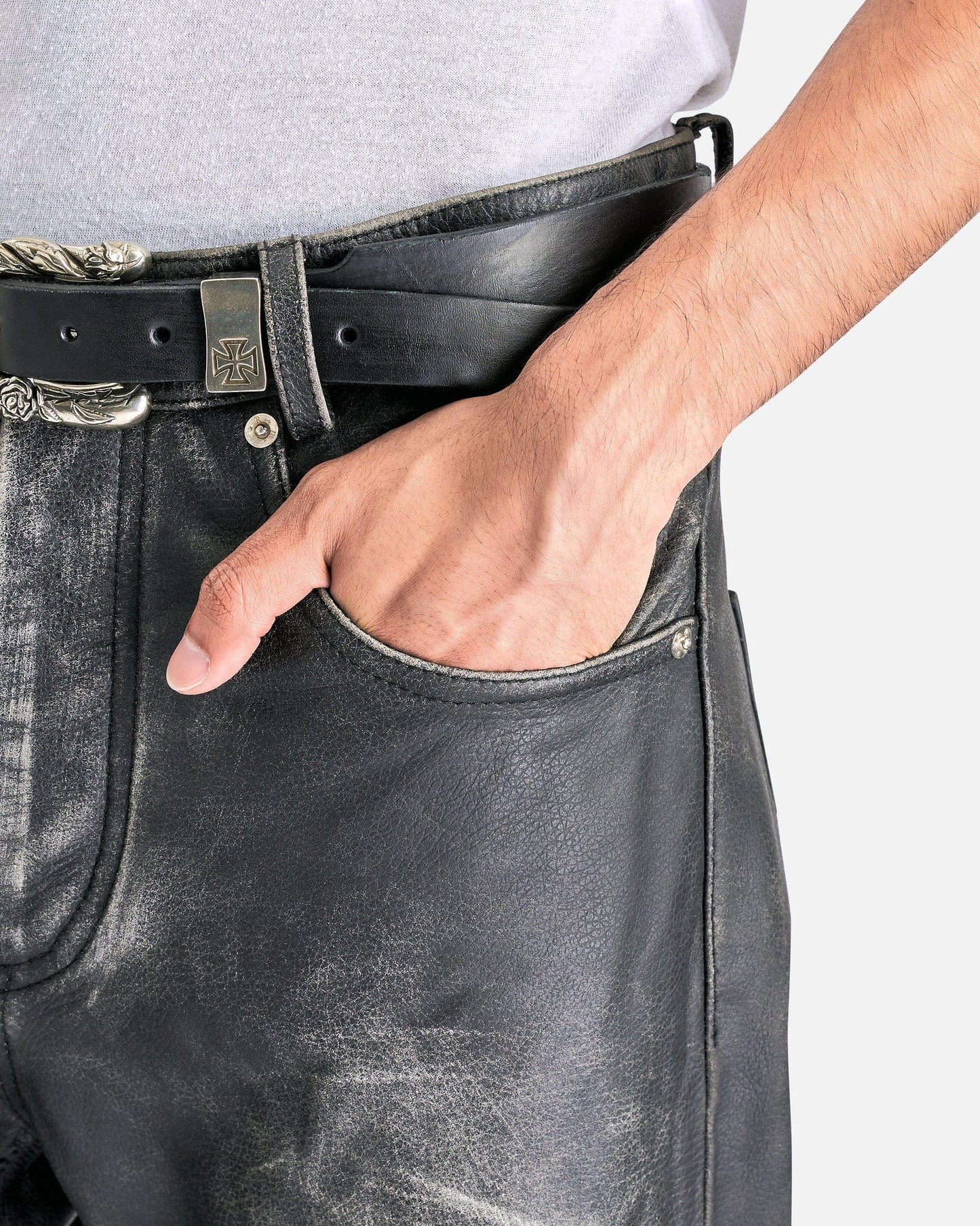 Enfants Riches Deprimes Men's Pants Repaired Leather Flare Jeans in Worn Black