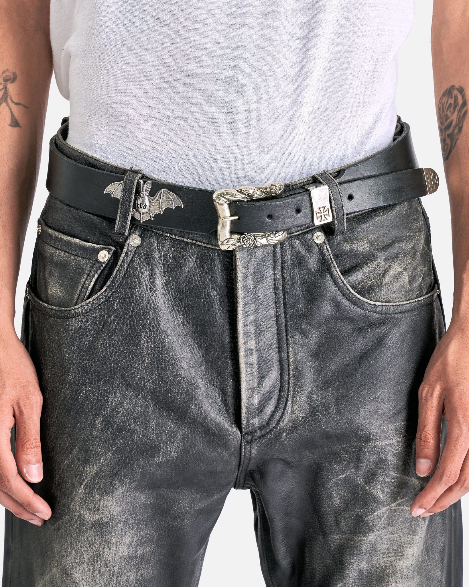 Enfants Riches Deprimes Men's Pants Repaired Leather Flare Jeans in Worn Black