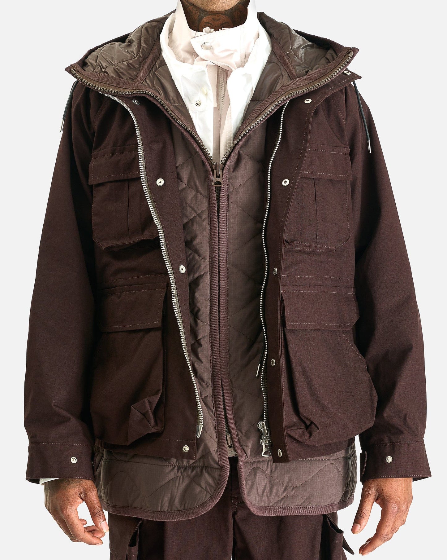 Sacai Men's Coat Rip Stop Blouson in Brown