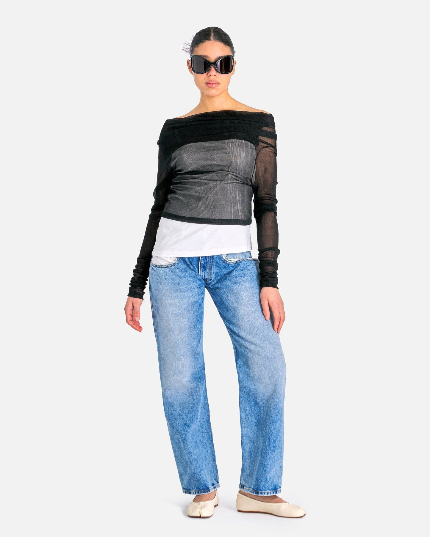 MM6 Maison Margiela Women Tops Sheer Ribbed Jersey Top in Black/White