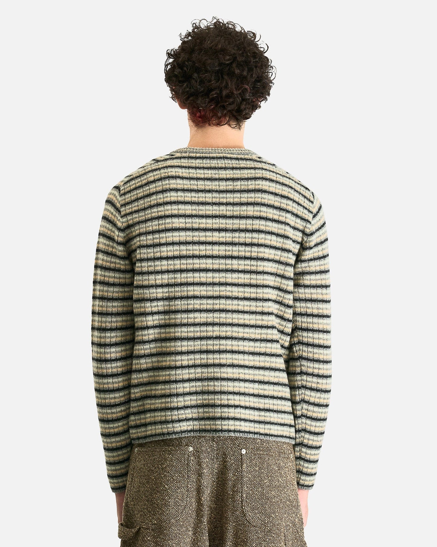 Auralee Men Sweaters Shetland Wool Cashmere Rib Knit Pullover in Gray Stripe