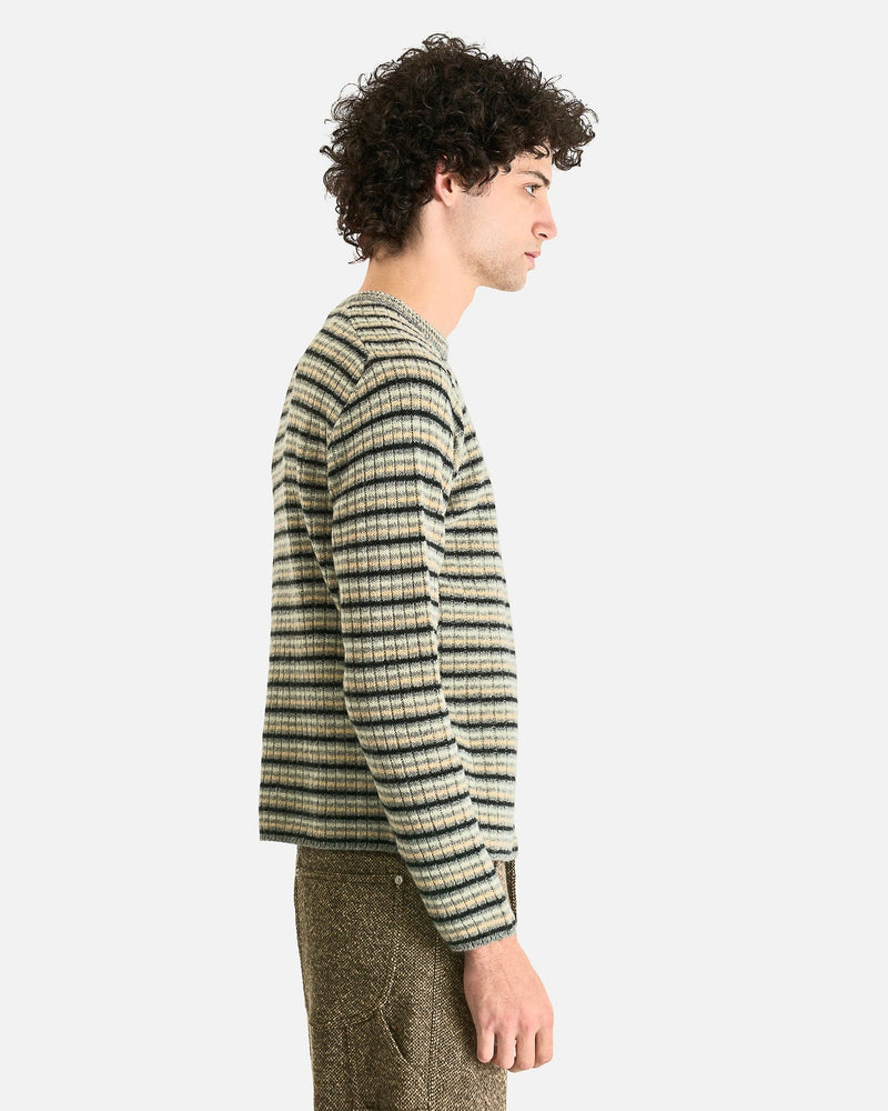 Auralee Men Sweaters Shetland Wool Cashmere Rib Knit Pullover in Gray Stripe