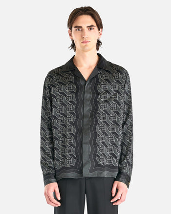 Casablanca Men's Shirts Silk Satin Heart Monogram Long Sleeve Shirt in Black