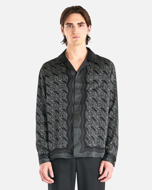 Casablanca Men's Shirts Silk Satin Heart Monogram Long Sleeve Shirt in Black