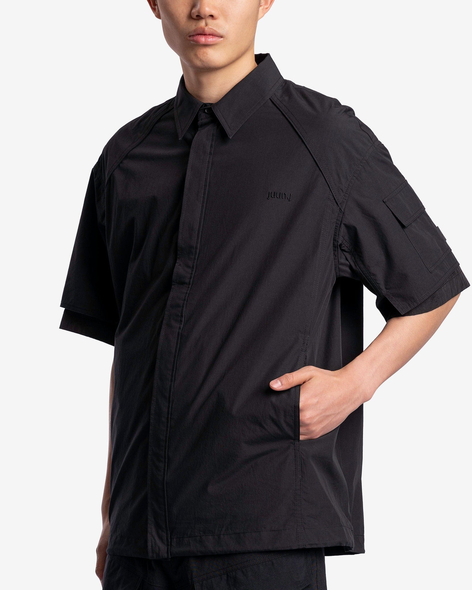 Juun.J Men's Shirts Sleeve Layered String Short Sleeve Shirts in Black