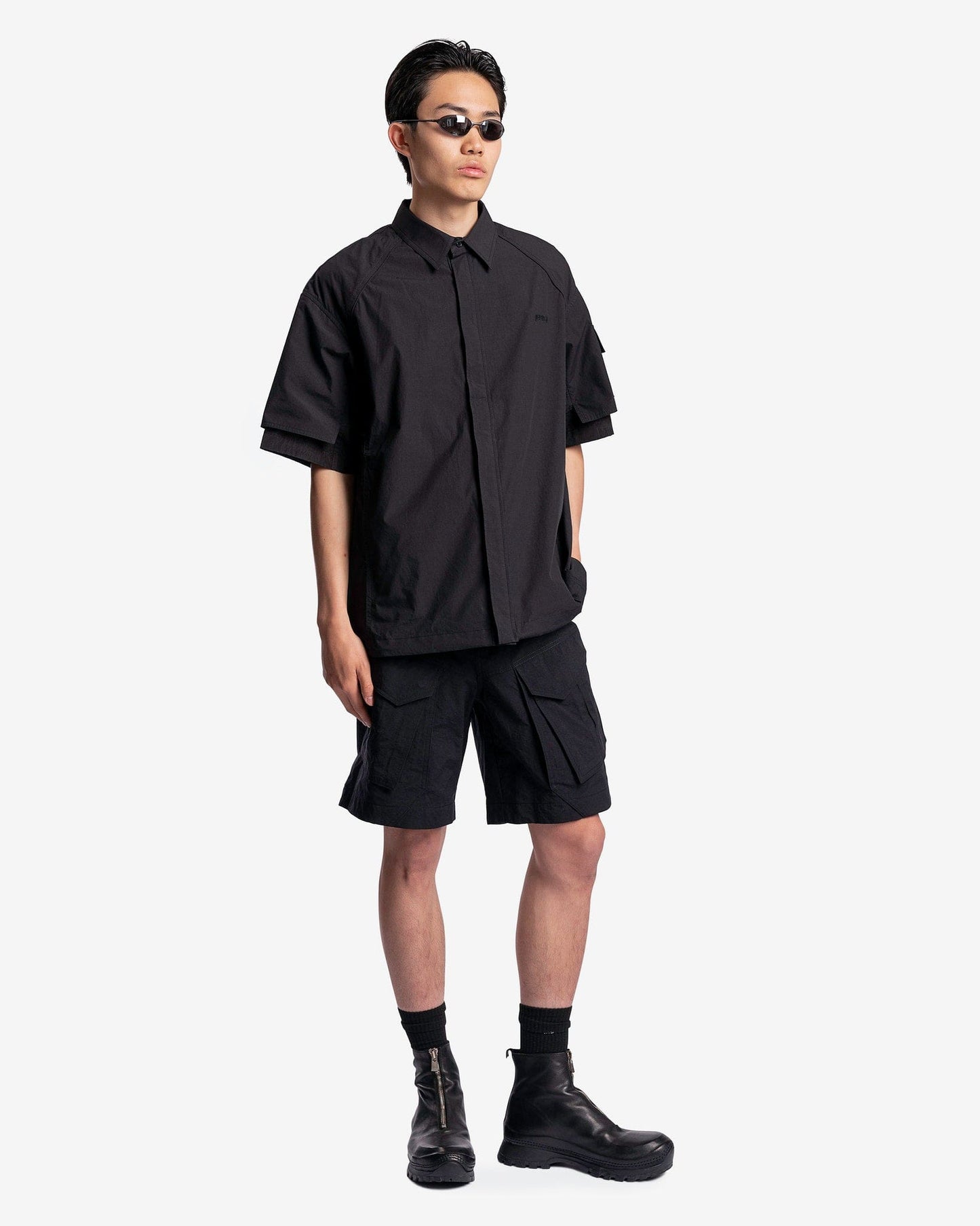 Juun.J Men's Shirts Sleeve Layered String Short Sleeve Shirts in Black