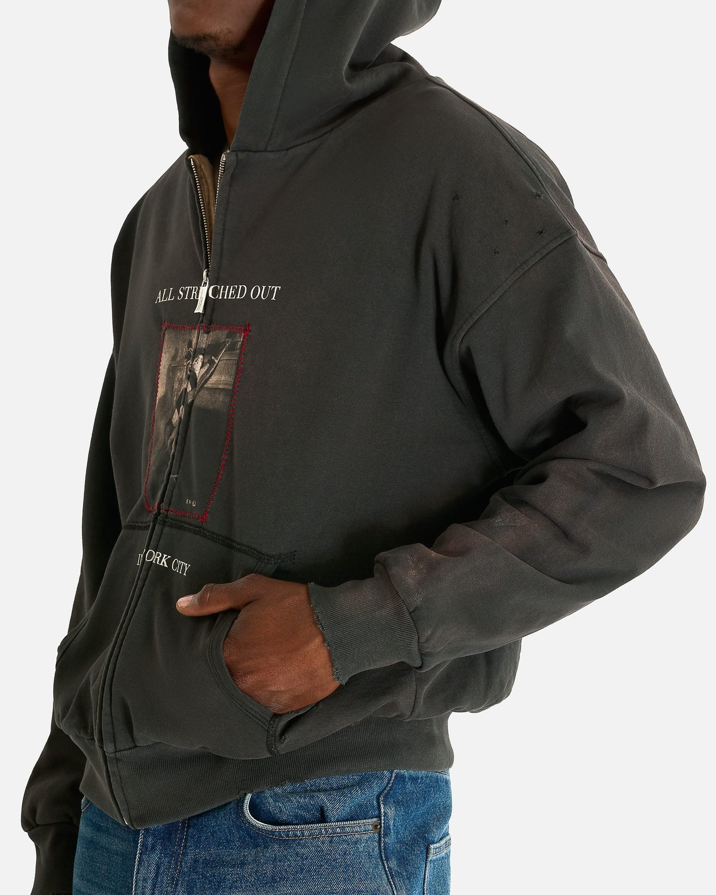 Enfants Riches Deprimes Men's Sweatshirts Stretched Out Thermal Lined Zip Up Hoodie in Washed Black