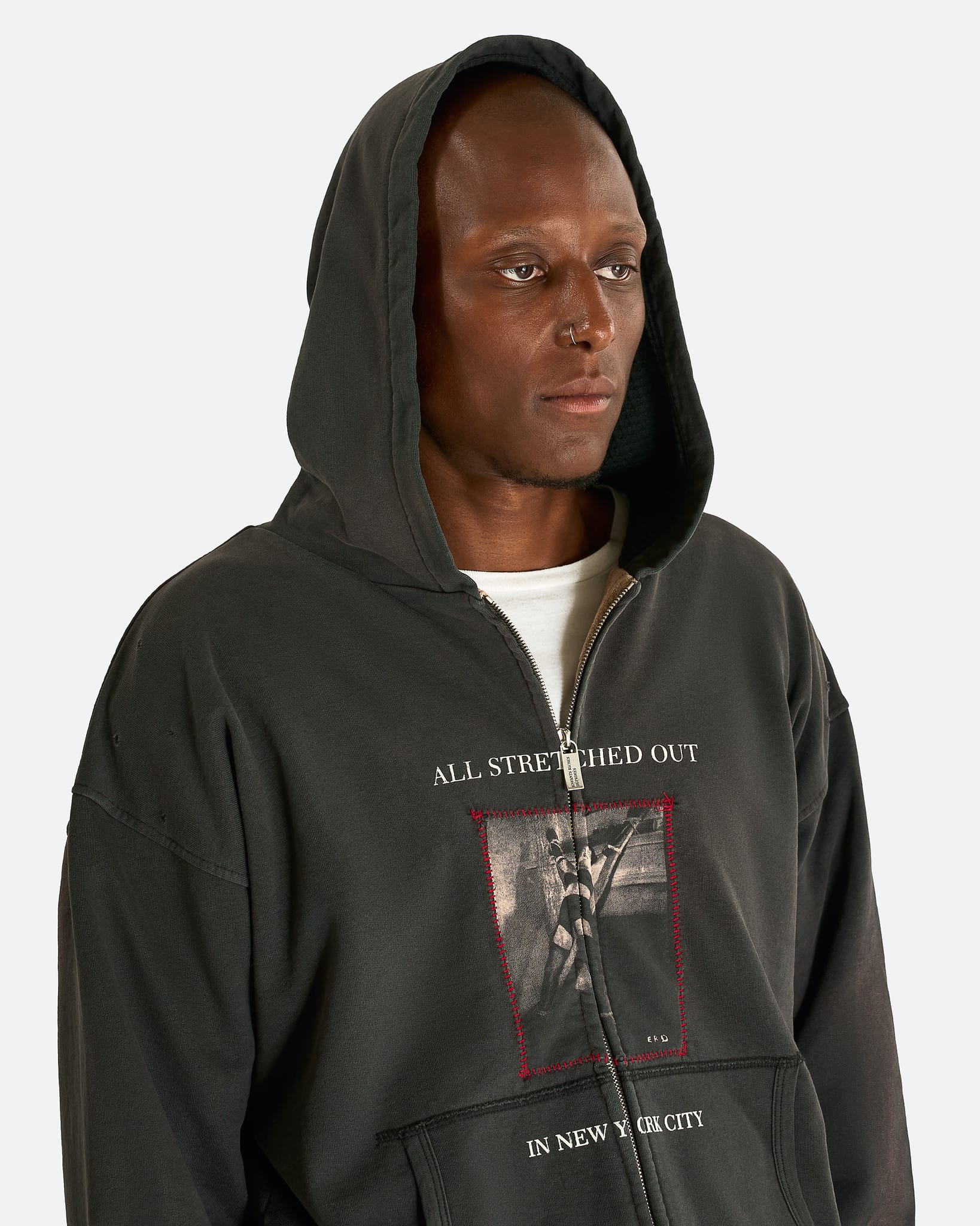 Enfants Riches Deprimes Men's Sweatshirts Stretched Out Thermal Lined Zip Up Hoodie in Washed Black