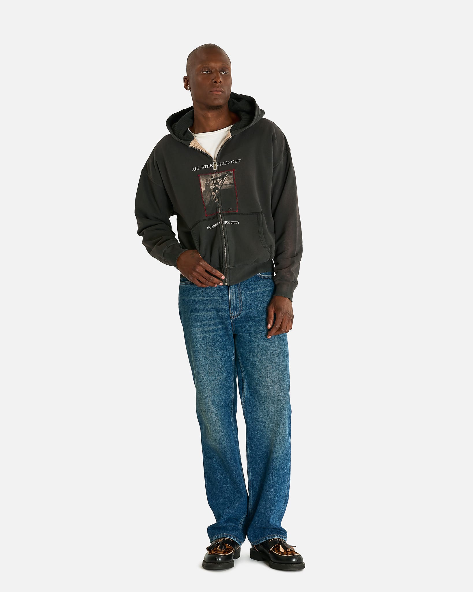 Enfants Riches Deprimes Men's Sweatshirts Stretched Out Thermal Lined Zip Up Hoodie in Washed Black